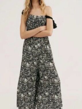 Free People Cecilia Jumpsuit Floral Shoulder Adjustable Ties Black White